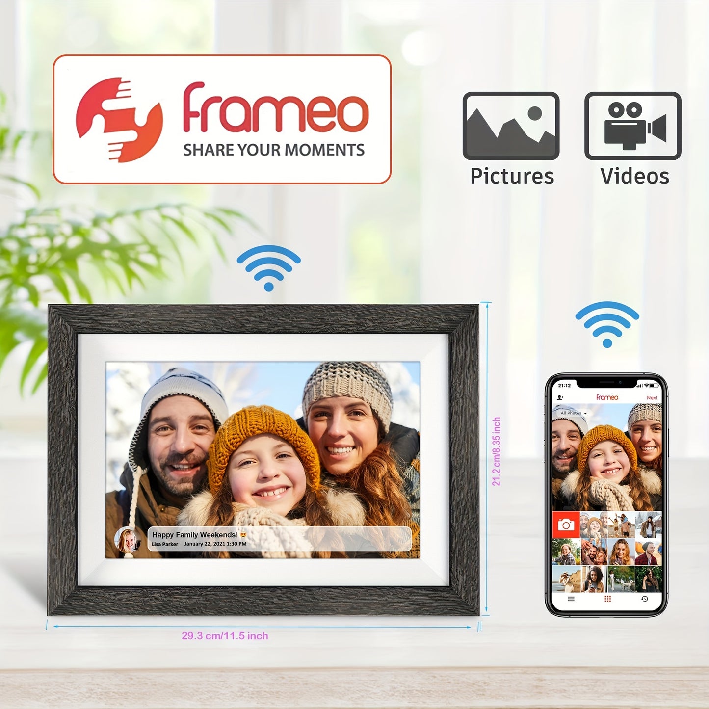 Frameo 32 Go de mémoire 10,1 pouces Smart Digital Picture Frame bois WiFi IPS HD 1080P électronique numérique Cadre photo écran tactile avec rotation automatique Installation facile à utiliser IOS et Android App de MQQC Partager Moments instantanément Via