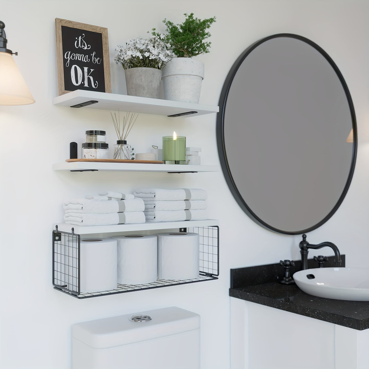 Étagères de salle de bain sur la toilette, étagères flottantes blanches de salle de bain fixées au mur avec le panier de fil, étagère flottante en bois pour la décoration murale, étagères de décoration murale de salle de bain, étagères murales suspendues 