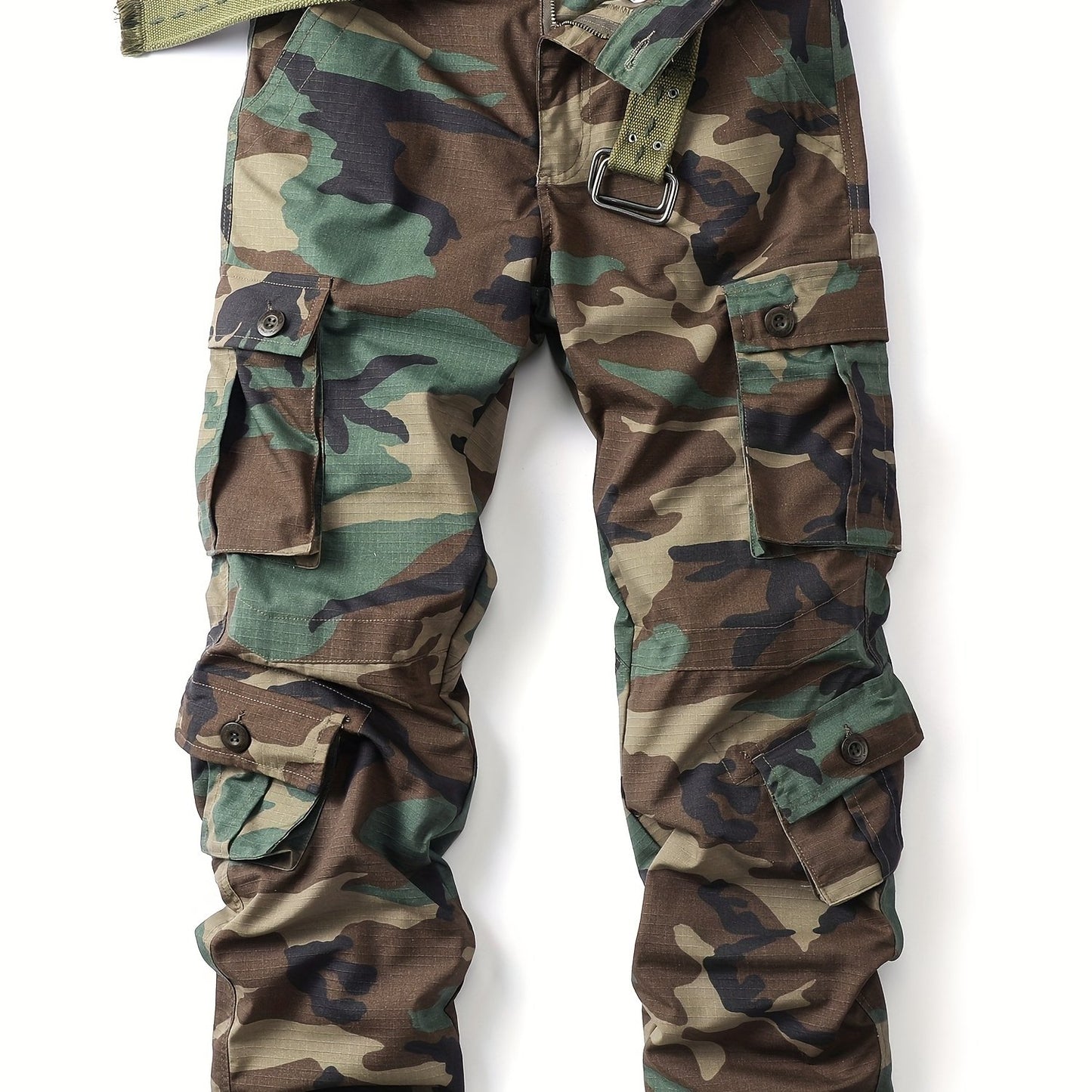 Mezcla de algodón Camo Multi Flap bolsillos pantalones de carga de la pierna recta de los hombres, pantalones sueltos al aire libre ocasionales, pantalones de trabajo tácticos para los hombres