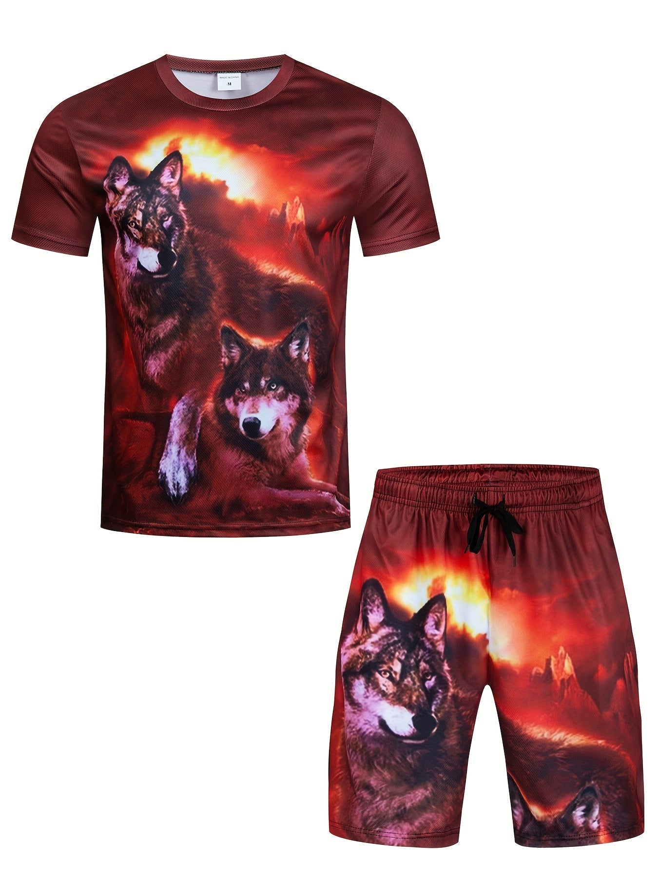 Men's Simple Style Casual Pajamas Sets, Creative Wolf Graphic Print Short Sleeve Crew Neck Top & Loose Shorts Lounge Wear, Outdoor Sets For Spring Autumn