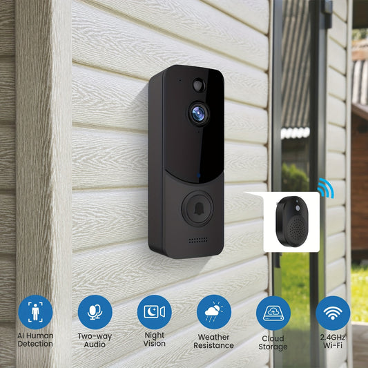 HD Doorbell Camera Wireless, Smart Camera With PIR Motion Detection, Two- Way Audio, Real Time Images, Built-in Light Night Vision, Cloud Storage, Rechargeable Battery 100% Wireless, 2.4 G WiFi Support, Easy To Install