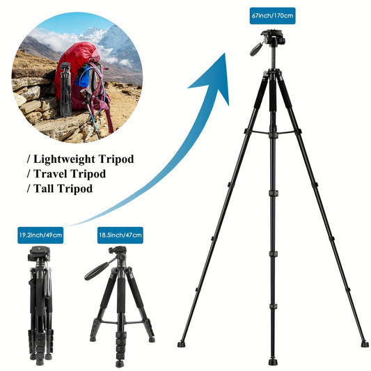 Tripod, 67-Inch Aluminum Camera\u002FPhone Tripod With A Maximum Weight Of 3.3 Pounds Handbag, Portable Tripod For Photography And Video Recording