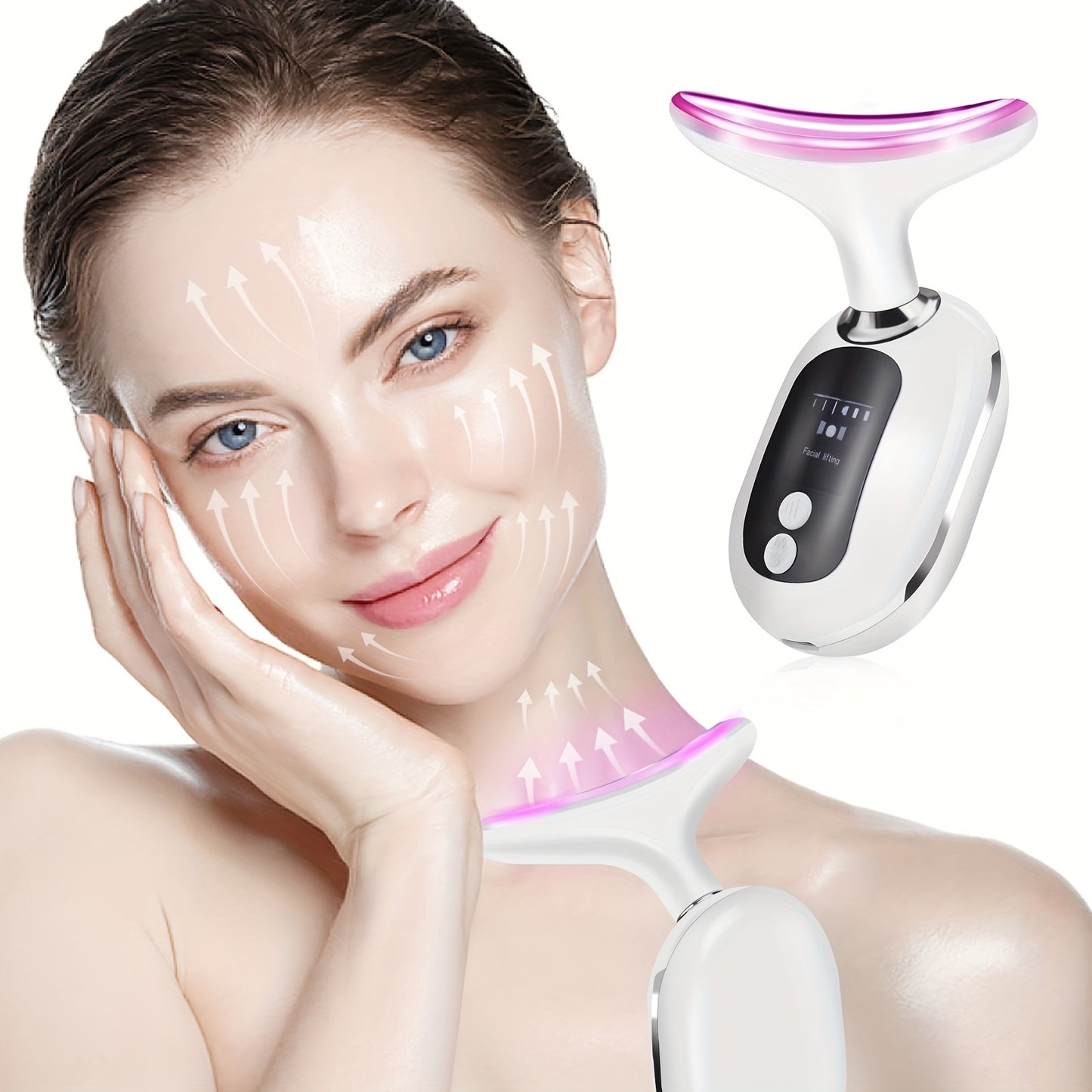 Neck Beauty Instrument, Triple Colour Light Face & Neck Massage Beauty Instrument USB Rechargeable, White, Gift For Women