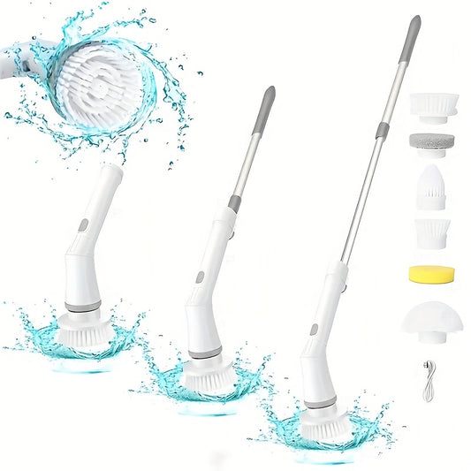 7pcs\u002Fset Electric Spin Scrubber , Cordless Spin Scrubber With 6 Replaceable Brush Heads And  Extension Handle, Power Cleaning Brush For Bathroom Floor Tile, USB-C Charging Line Rotary (White)