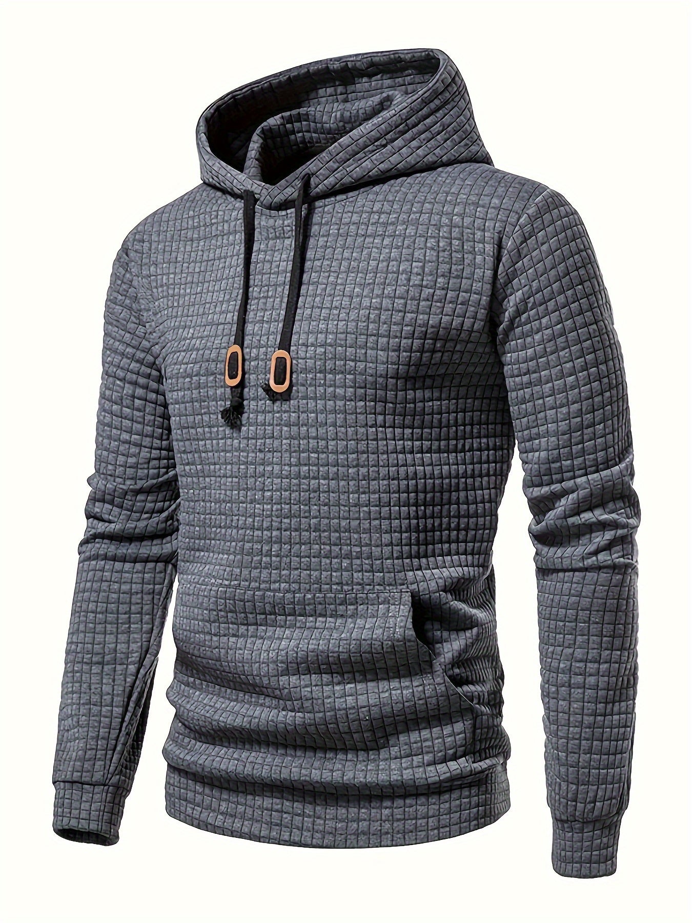 Waffle Pattern Hoodie, Cool Hoodies For Men, Men's Casual Solid Pullover Hooded Sweatshirt With Kangaroo Pocket Streetwear For Winter Fall, As Gifts