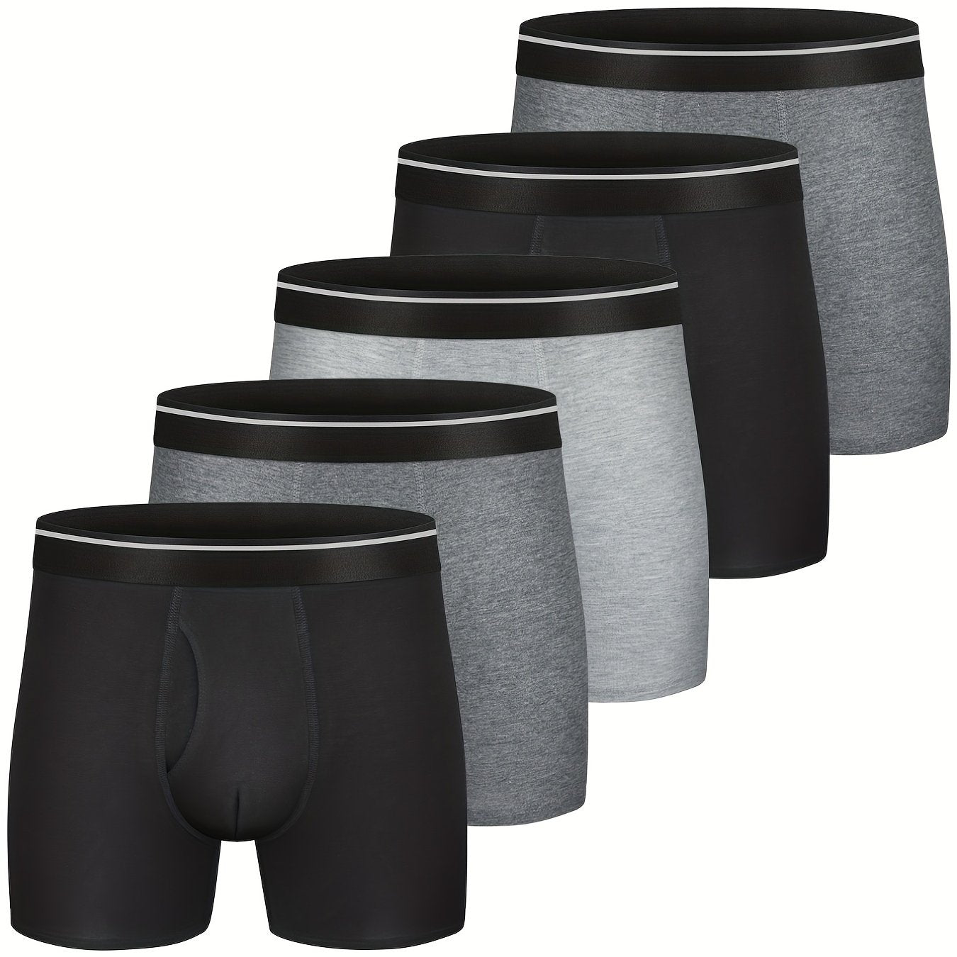 5pcs Men's Sports Long Boxers Briefs With Fly, Cotton Underwear, Regular Stretch Elastic Wide Band Comfortable Underpants