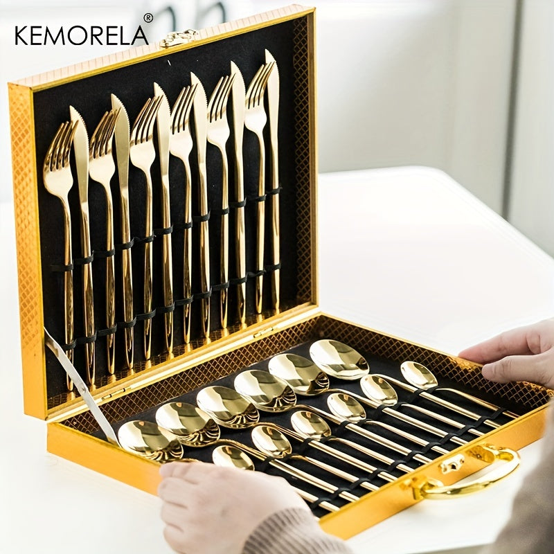 24pcs Elegant Tableware Set, Stainless Steel Mirror Polished Silverware Set, Golden \u002F Silvery Flatware Set With Gift Box, Wedding Dining Household Fork Spoon Knife Cutlery Set, Kitchen Accessories