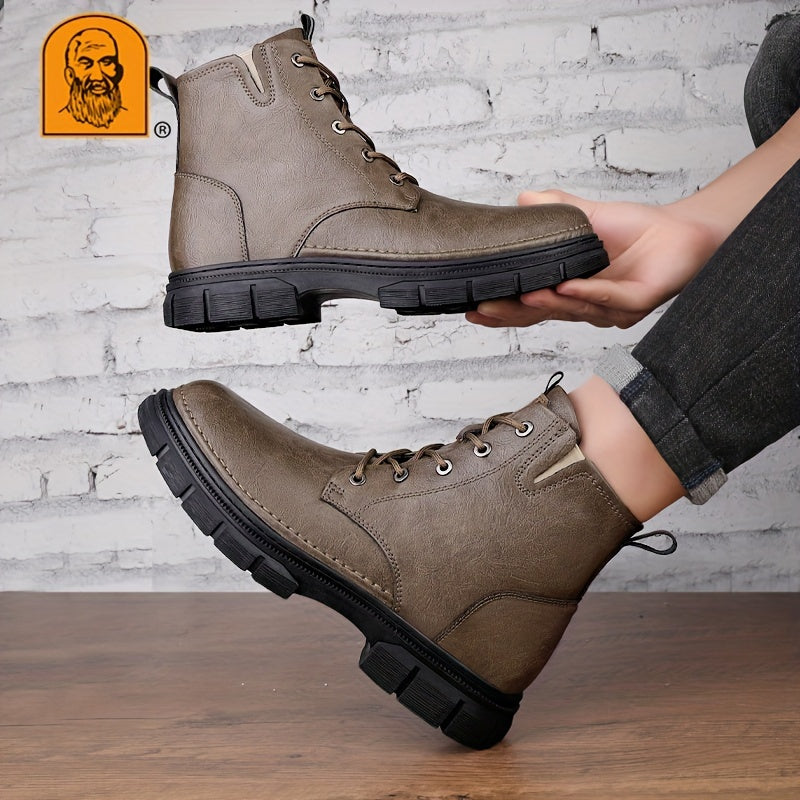 LAORENTOU Men's Trendy Solid Ankle Boots With Lined Fuzz, Waterproof Wear-resistant Non Slip Lace-up Boots For Outdoor Casual