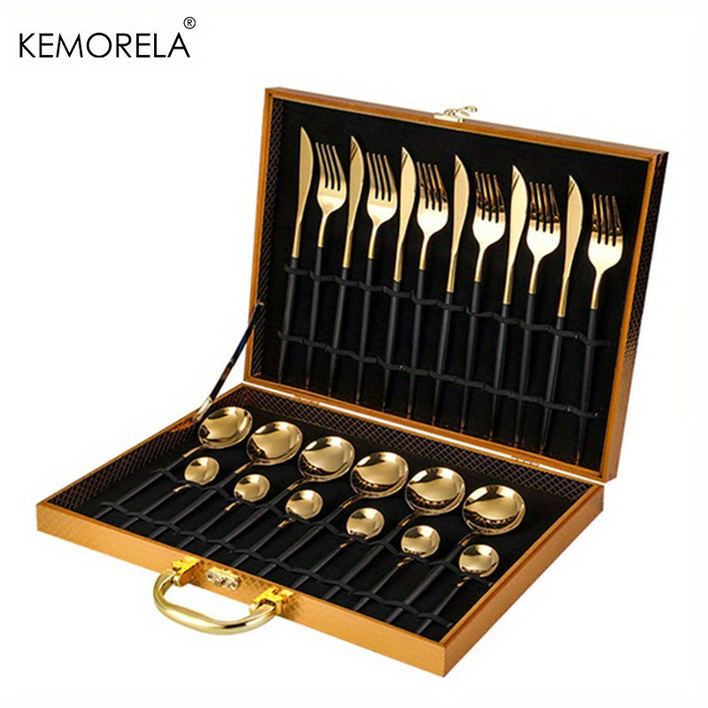 24pcs Elegant Tableware Set, Stainless Steel Mirror Polished Silverware Set, Golden \u002F Silvery Flatware Set With Gift Box, Wedding Dining Household Fork Spoon Knife Cutlery Set, Kitchen Accessories