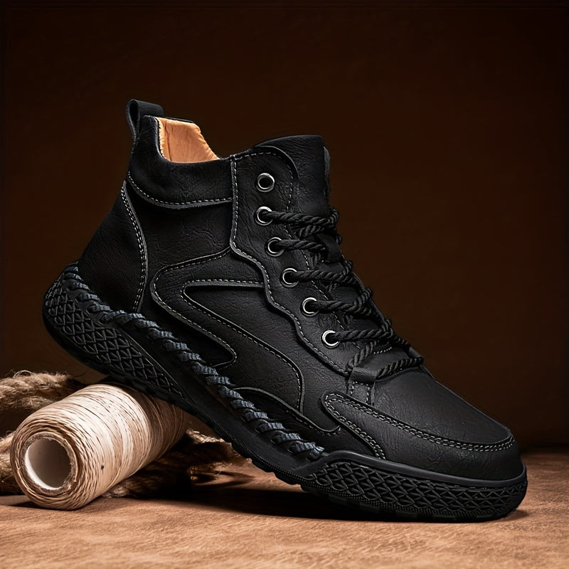 Men's Trendy Leather Shoes, Waterproof High Top Lace-up Casual Shoes For Outdoor Activities Like Walking Running And Hiking