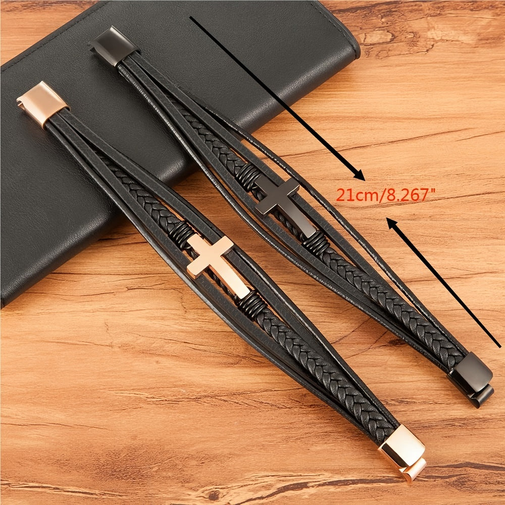 Luxury Multicolor Cross Design Classic Stainless Steel Men's PU Leather Bracelet 7.48\u002F8.27\u002F9.06inch Choose Handsome Christmas Gifts