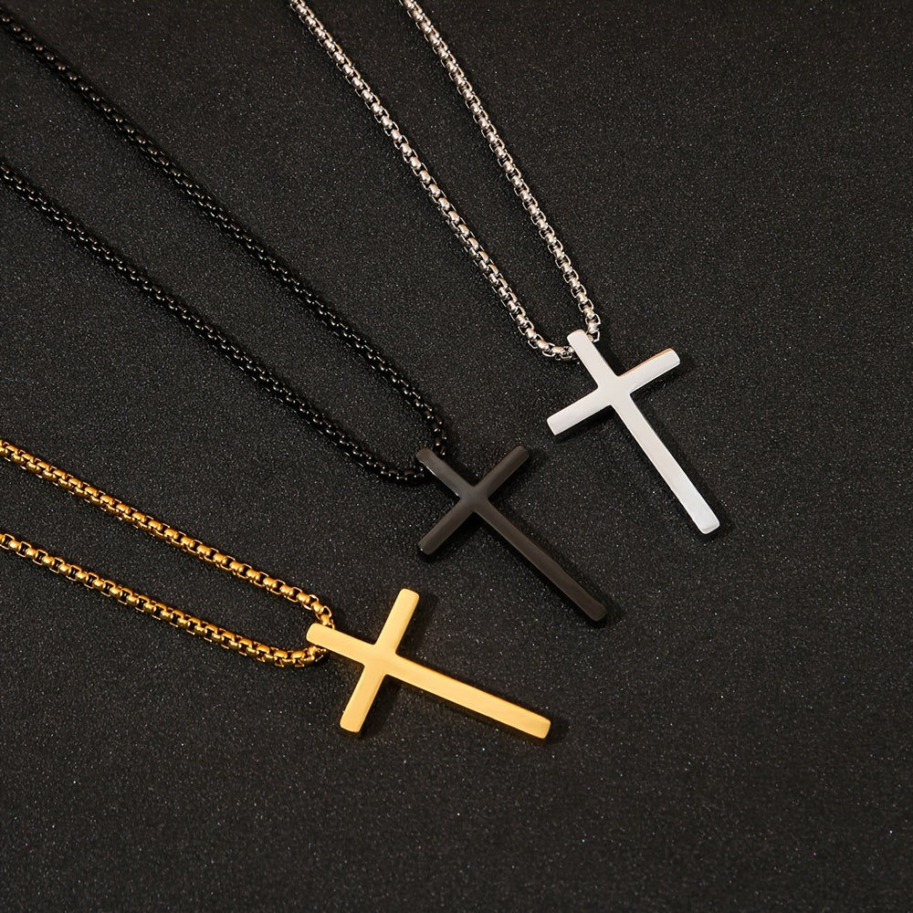 Funky Polished Minimalistic Cross Pendant Necklace For Men, Stainless Steel Chain Necklace