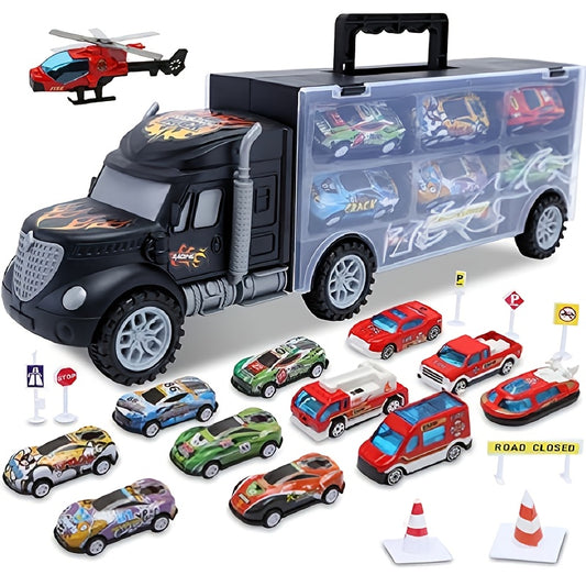 Toddler Toys For 3-4 Year Old Boys,Large Transport Cars Carrier Set Truck Toys With 12 Die-cast Vehicles Truck Toys Cars,Ideal Gift Toys For Kids Age 3-7 Christmas, Halloween, Thanksgiving  gift