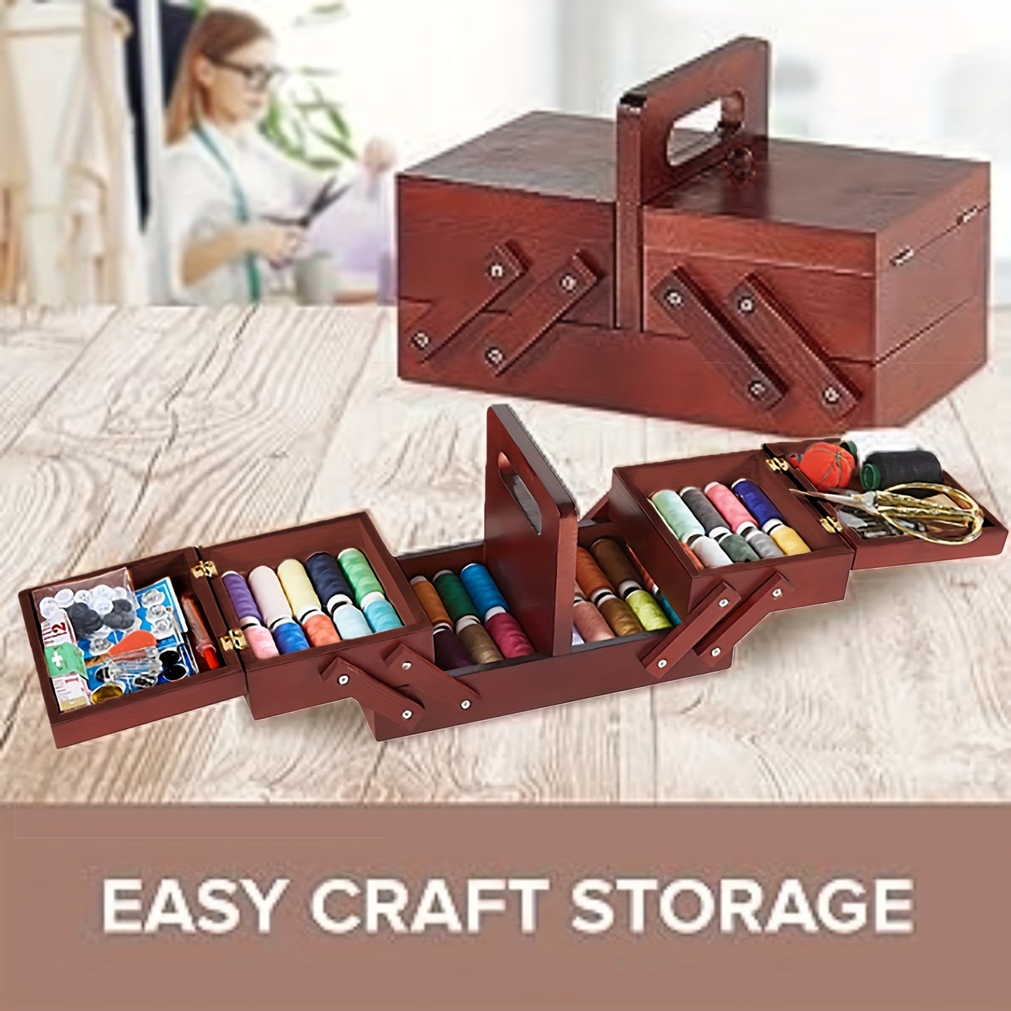 1pc Wooden Expandable Sewing Box, Wooden Storage Box For Thread Spools, Sewing Kit Storage Box With Handle, Wooden Sewing Basket For Embroidery Kits, Quilting Supplies, Cross Stitch Kits , chinese new year lunar new year decor for gift