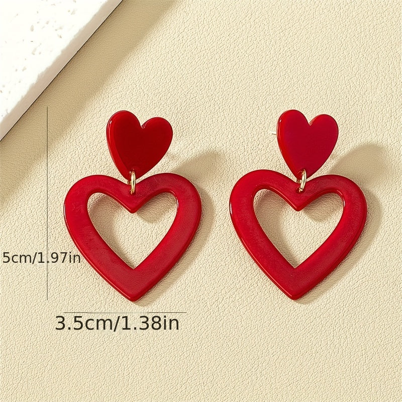 Borgoña amor corazón colgante pendientes, plástico acrílico hueco corazón lindo estilo gota pendientes para las mujeres, fiesta pendientes joyería