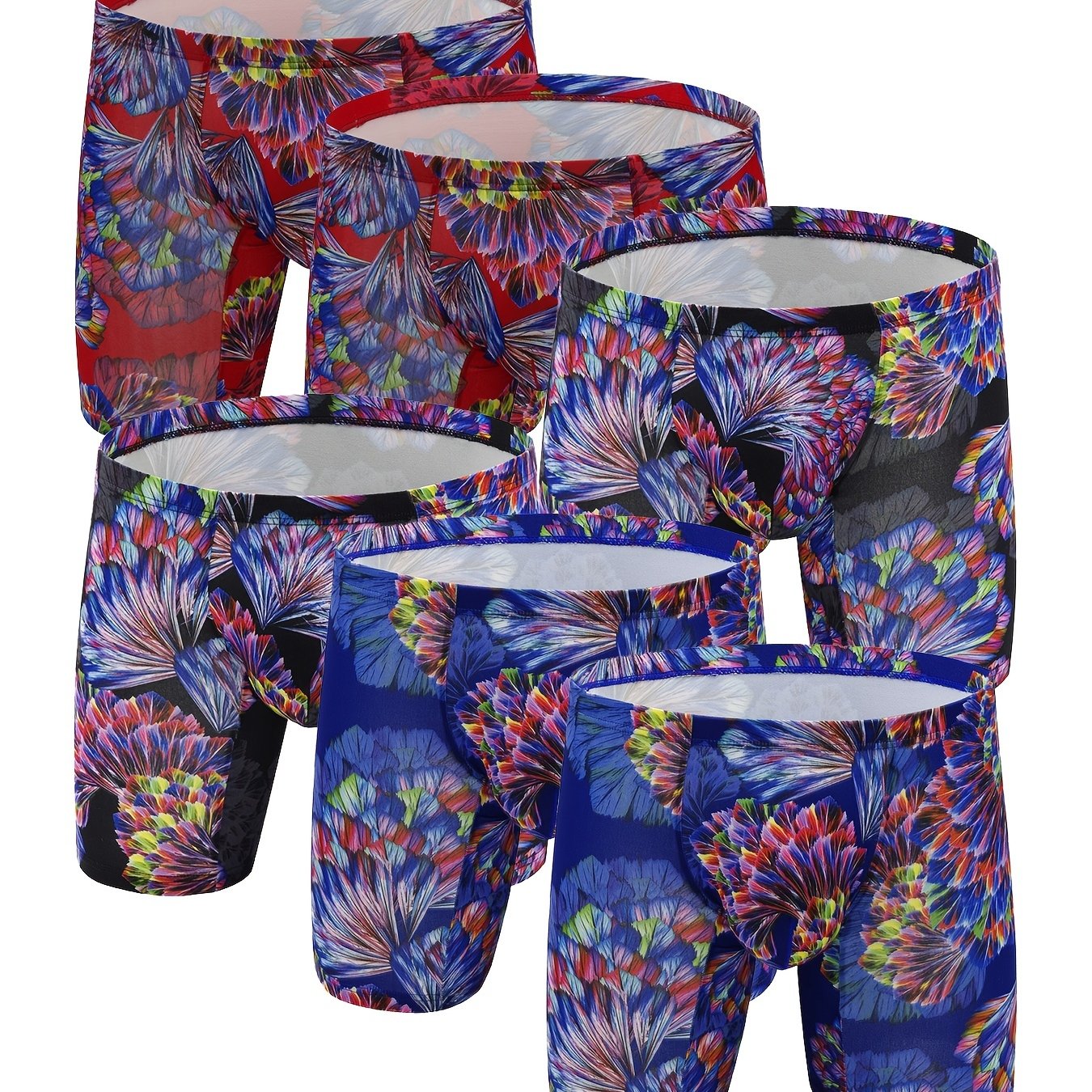 6 peças masculinas com padrão de flores, personalidade da moda, cuecas boxer de perna longa, respiráveis, confortáveis, de secagem rápida e elásticas, cuecas boxer em forma de U, calcinhas com bolsa convexa em forma de U, roupas íntimas masculinas