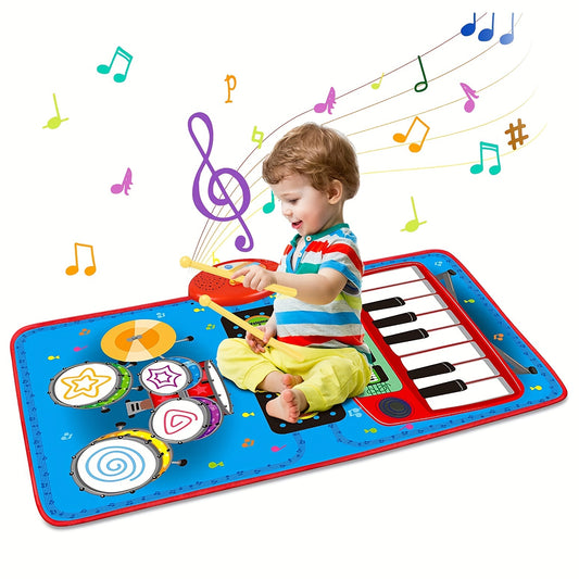 2 In 1 Musical Toys, Toddler Piano & Drum Mat With 2 Sticks, Musical Mats-Piano Keyboard & Drum, Learning Floor Blanket, Birthday Gifts For 1 2 3 Year Old Boys & Girls Baby Toys