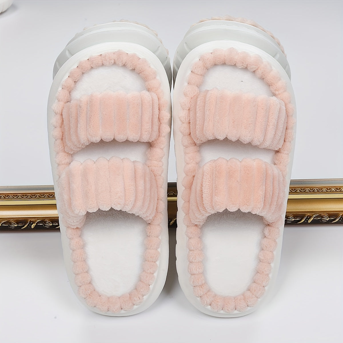 Women's Double Straps Plush Slippers, Solid Color Open Toe Non Slip Comfy Slides Shoes, Fashion Indoor Platform Slippers