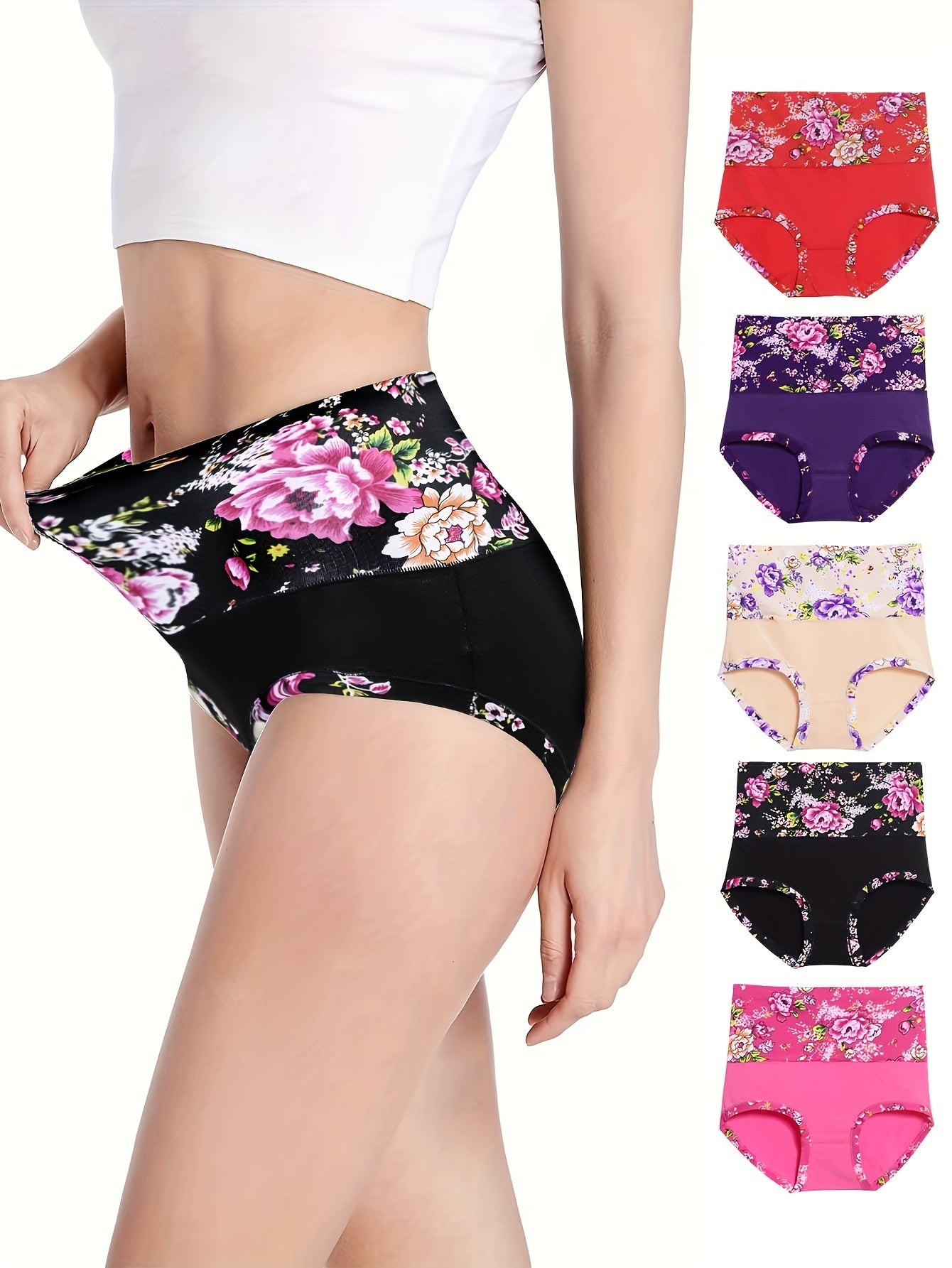 5pcs calzoncillos con estampado floral, cómodos y transpirables elásticos bragas, lencería y ropa interior de mujer