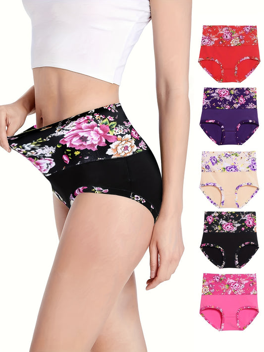 5pcs Floral Print Briefs, Comfy & Breathable Stretchy Intimates Panties, Women's Lingerie & Underwear