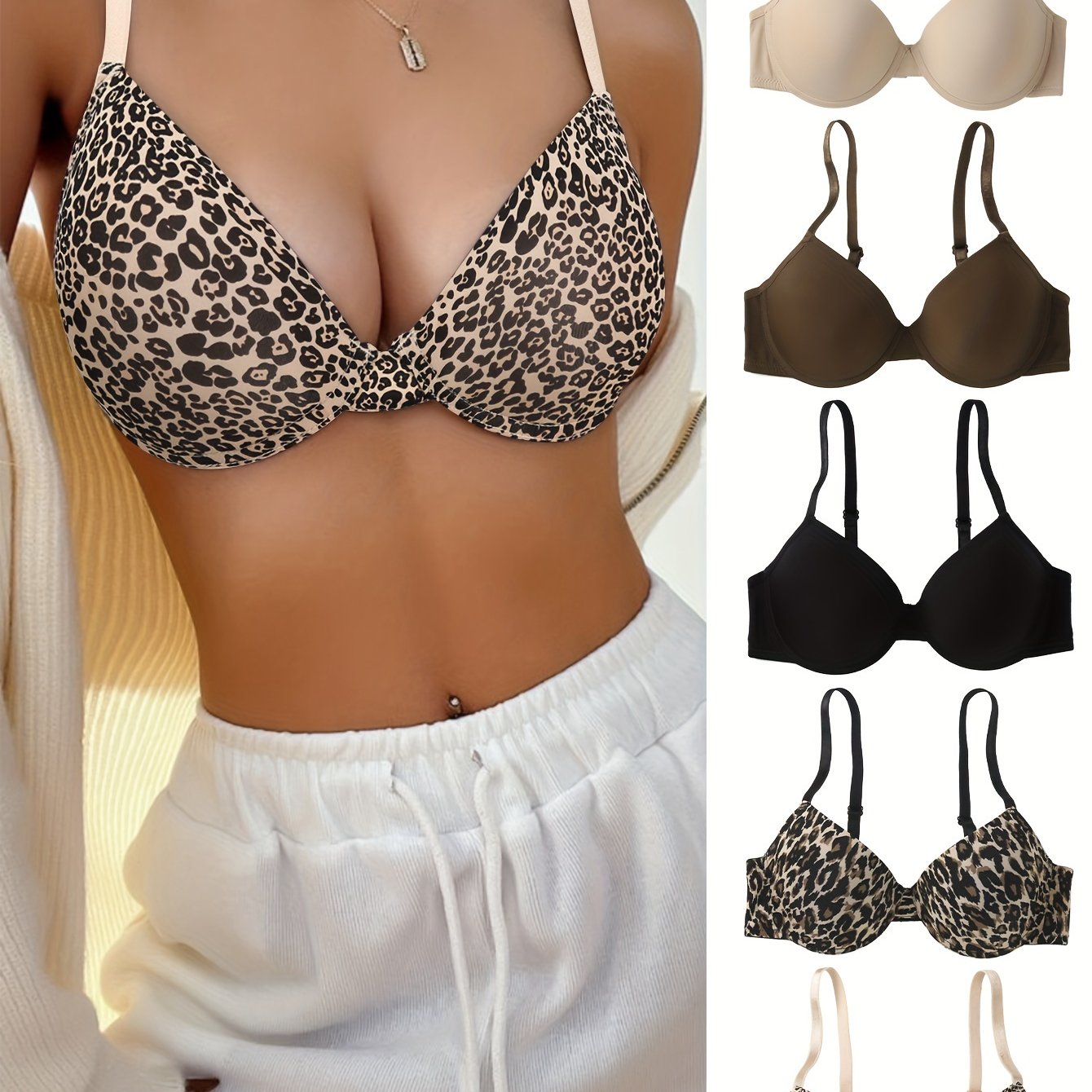 5pcs Leopard & Solid T-Shirt Bras, Comfy & Breathable Push Up Bra, Women's Lingerie & Underwear