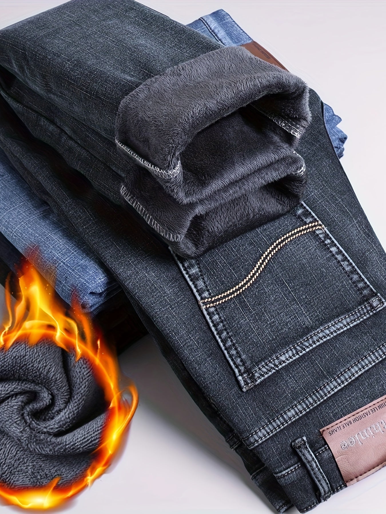 Men's Warm Fleece Jeans For Business, Casual Street Style Denim Pants With Pockets For Fall Winter