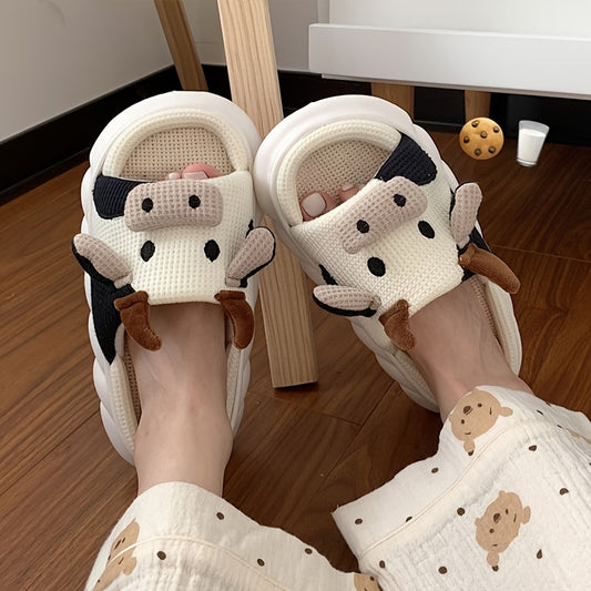 Women's Cartoon Animal Cow Plush Slippers, Breathable Comfy Open Toe Slides, Anti-slip Home Shoes