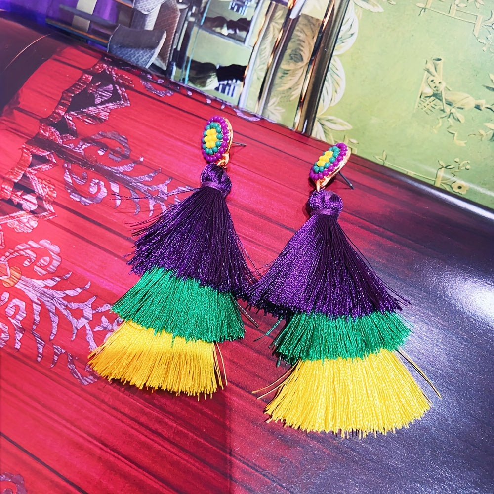 Colorful Threads Tassel Dangle Earrings Ethnic Party Style Alloy Jewelry Trendy Female Ear Ornaments mardi gras jewelry