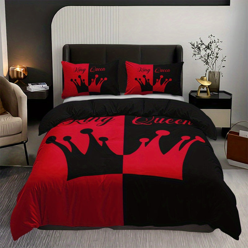 3pcs Duvet Cover Set, Black And Red Crown Pattern Bedding Set, Soft Duvet Cover For Bedroom, Guest Room (1*Duvet Cover + 2*Pillowcase, Without Core)