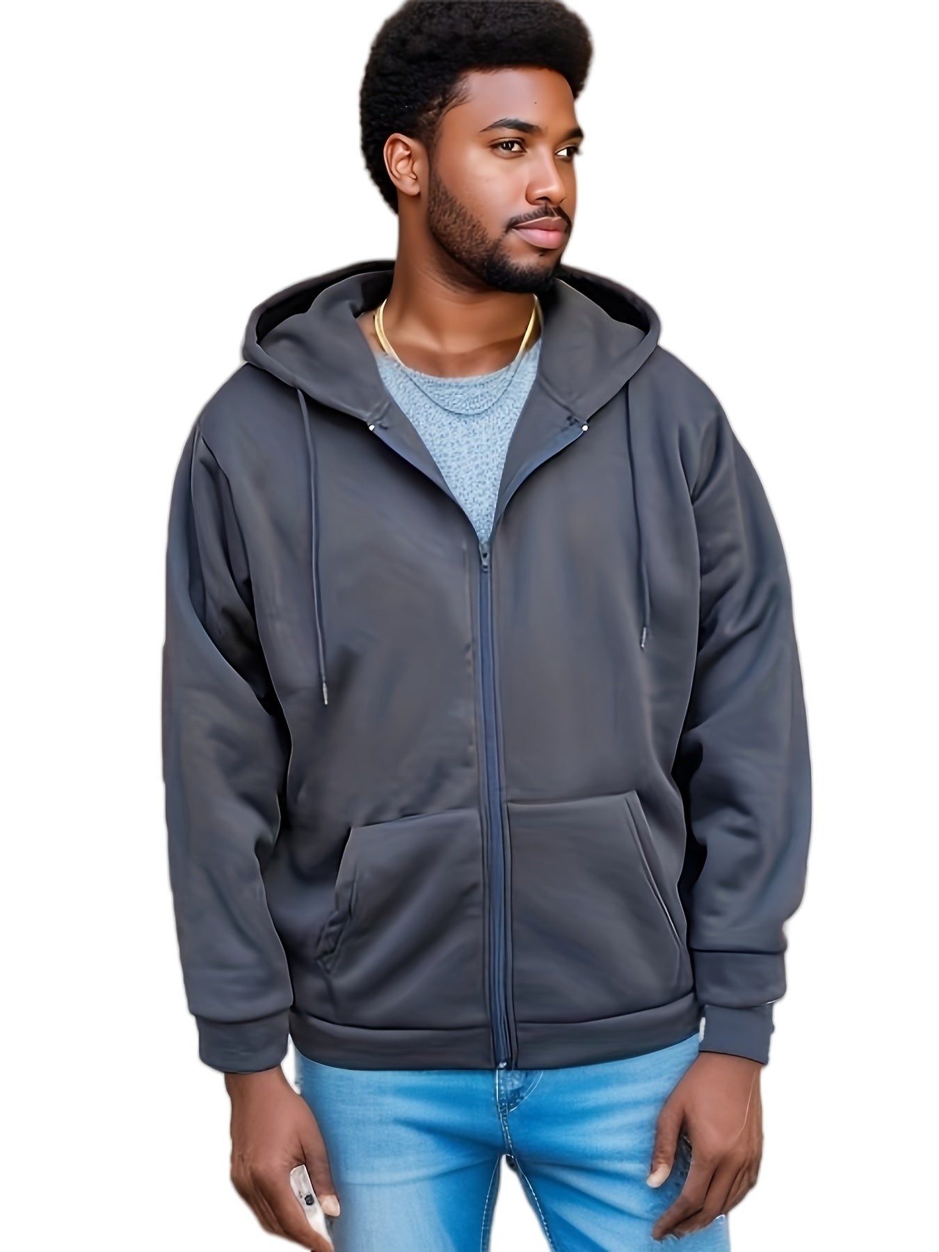 Plus Size Men's Solid Hoodies Oversized Hooded Jacket With Zipper For Fall Winter, Men's Clothing