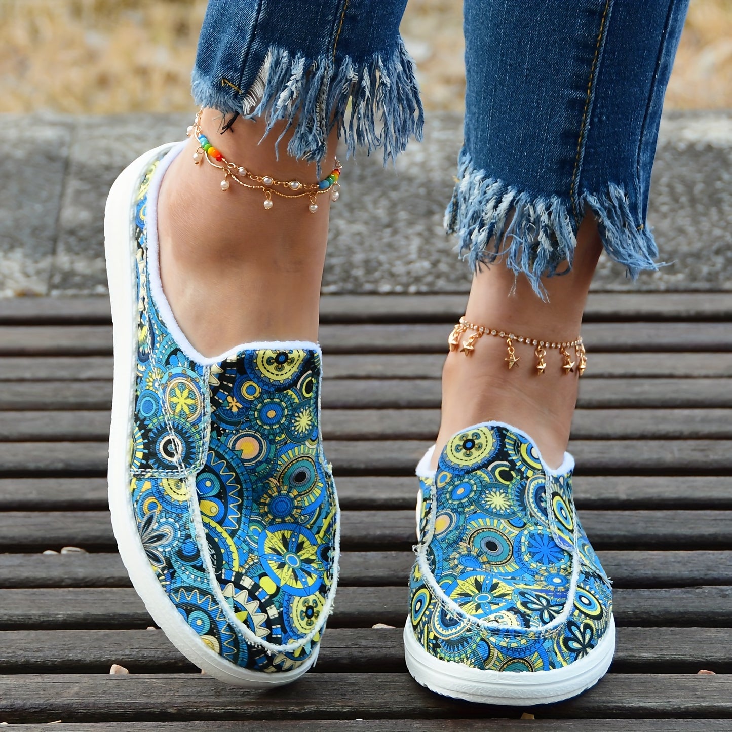 Women's Colorful Floral Print Canvas Shoes, Fashion Slip On Flat Backless Loafers, Casual Walking Shoes