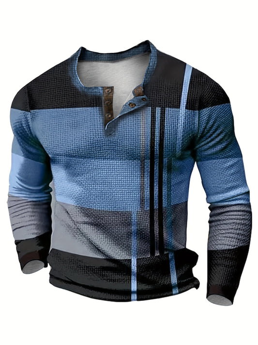 Vintage Color Block Men's Long Sleeve Round Neck Henley Shirt, Spring Fall Stretch Top