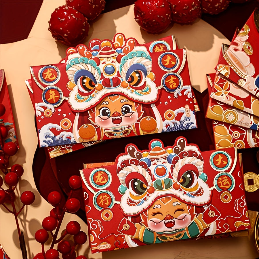 16pcs Dragon Year Red Envelopes, 2024 National Tide Awakening Lion Red Envelopes, Cartoon Bronzing Red Envelopes Bags, Creative Spring Festival Lucky Money Bag, Chinese New Year Gift, Hong Bao, Happy Lunar New Year