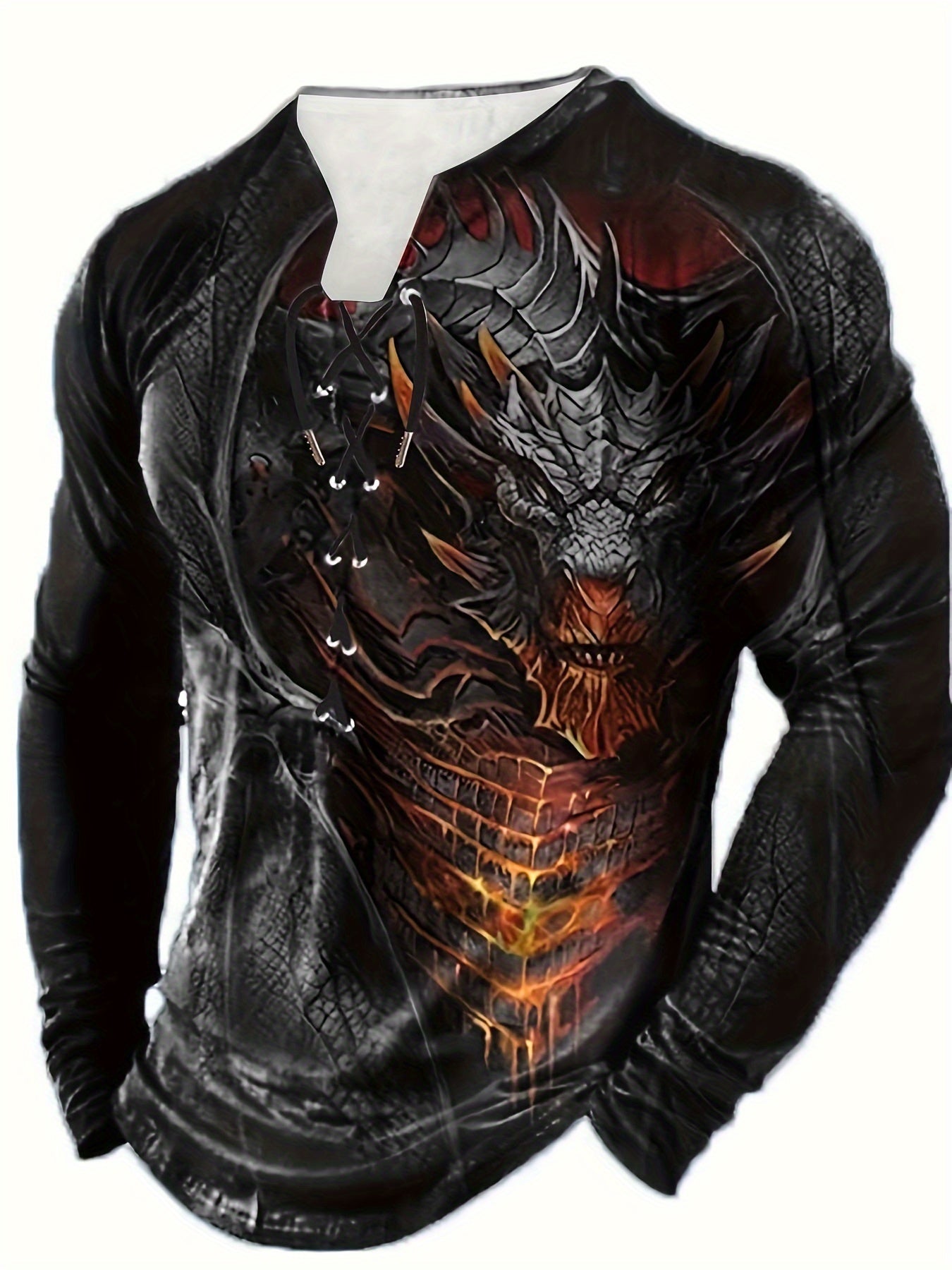 Scary Dragon 3D Print Men's Long Sleeve Henley Tee, Men's Retro Clothing For Spring Fall