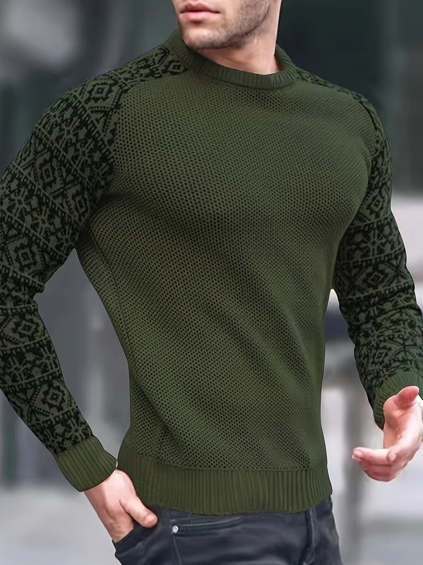 Waffle Trendy Patchwork Sweatshirt, Men's Casual Ethnic Pattern Sleeves Crew Neck Sweatshirt For Men Fall Winter