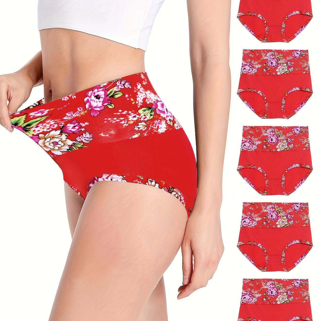 5pcs Floral Print Briefs, Comfy & Breathable Stretchy Intimates Panties, Women's Lingerie & Underwear