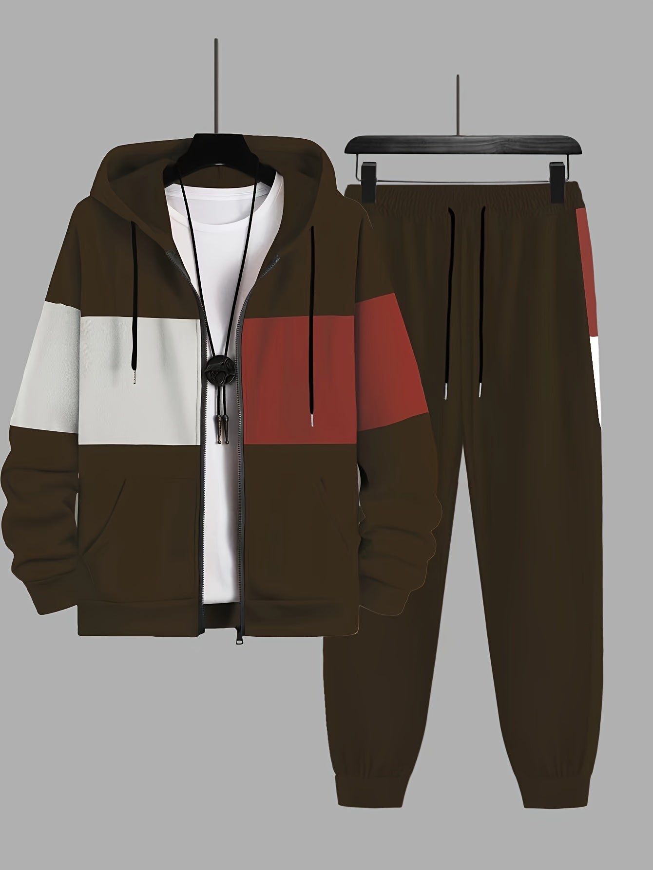 Plus Size Men's 2Pcs Outfits, Contrast Hooded Jacket & Joggers Set For Spring Fall Winter, Men's Clothing