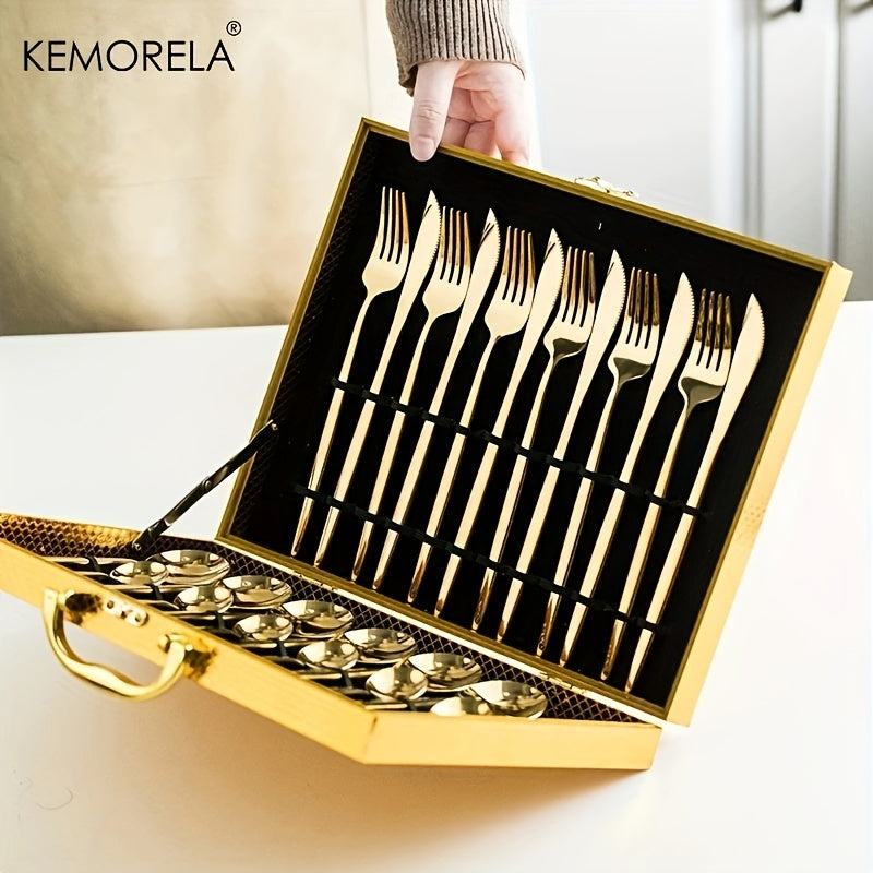 24pcs Elegant Tableware Set, Stainless Steel Mirror Polished Silverware Set, Golden \u002F Silvery Flatware Set With Gift Box, Wedding Dining Household Fork Spoon Knife Cutlery Set, Kitchen Accessories