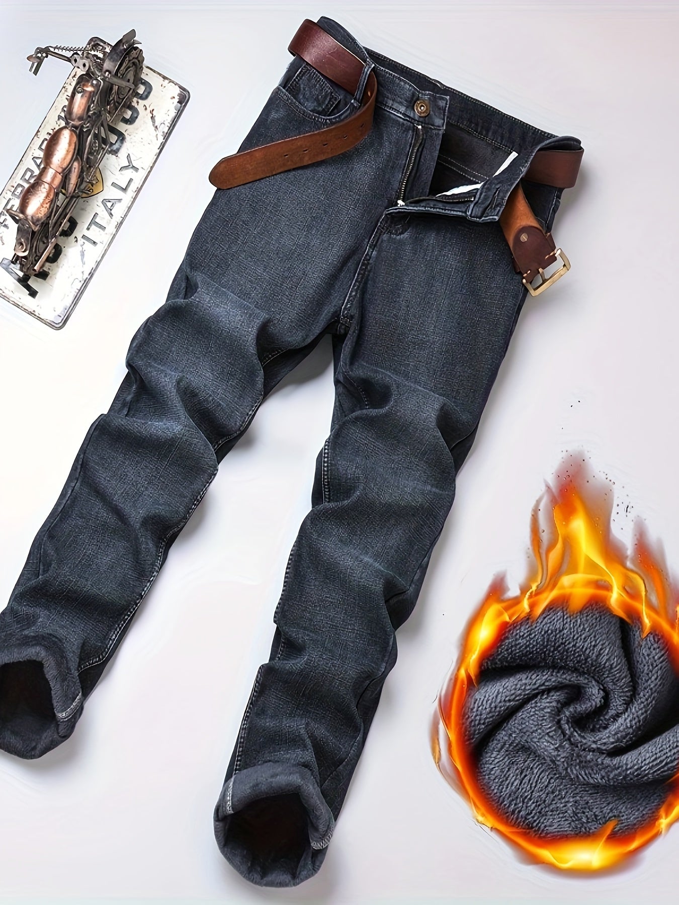 Men's Warm Fleece Jeans For Business, Casual Street Style Denim Pants With Pockets For Fall Winter