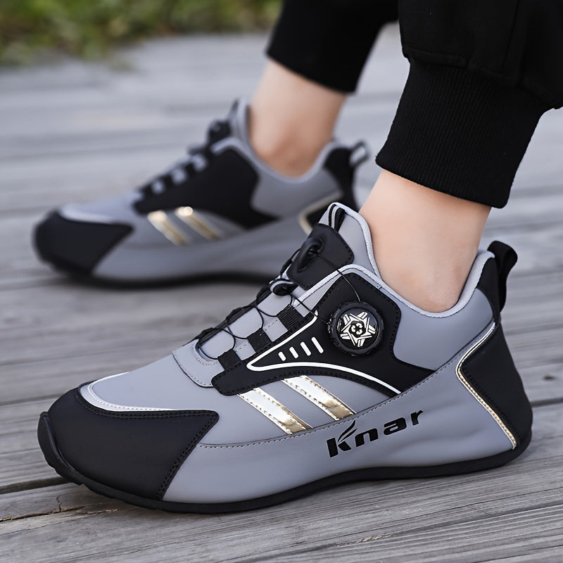 Men's Trendy Colour Block Sneakers With Rotating Buckle, Comfy Non Slip Casual Durable Shoes For Men's Outdoor Activities