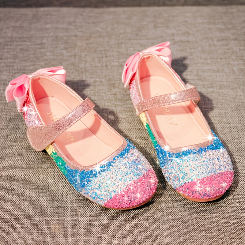 Girls Mary Jane Flats, Princess Dress Shoes With Sequins & Bows Decor