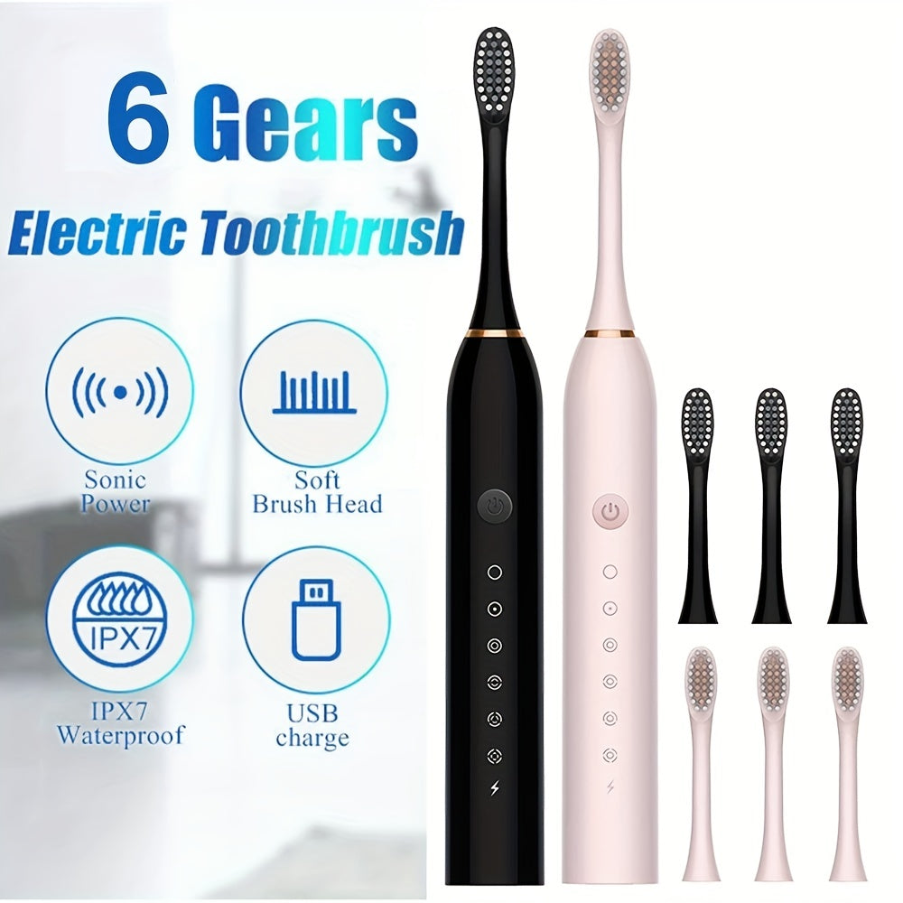 Rechargeable Sonic Toothbrush - Waterproof, Automatic, USB Charging, Replaceable Brush Heads