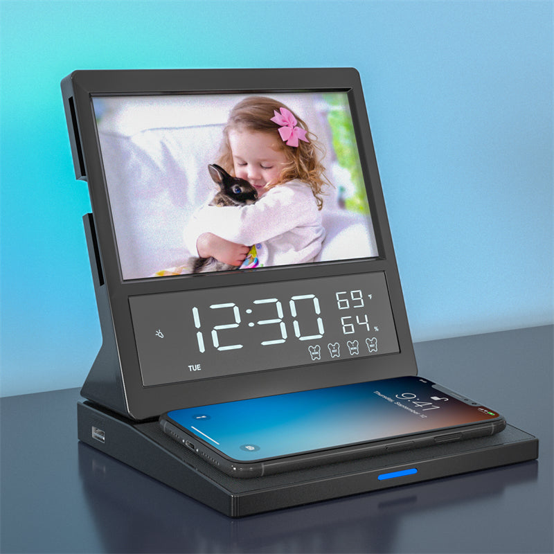 Cargador inalámbrico multifuncional Reloj de alarma digital FM 15W Estación de cargador inalámbrico para iPhone \ u002F Samsung Galaxy, 5 nivel Dimmer 10 Wake Sounds Luz de noche de cabecera