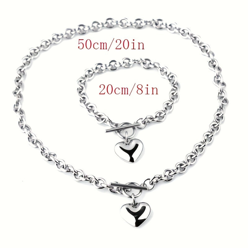 2pcs\u002Fset  Fashion Titanium Steel Set Peach Heart Set Necklace Bracelet O-shaped Chain For Men And Women