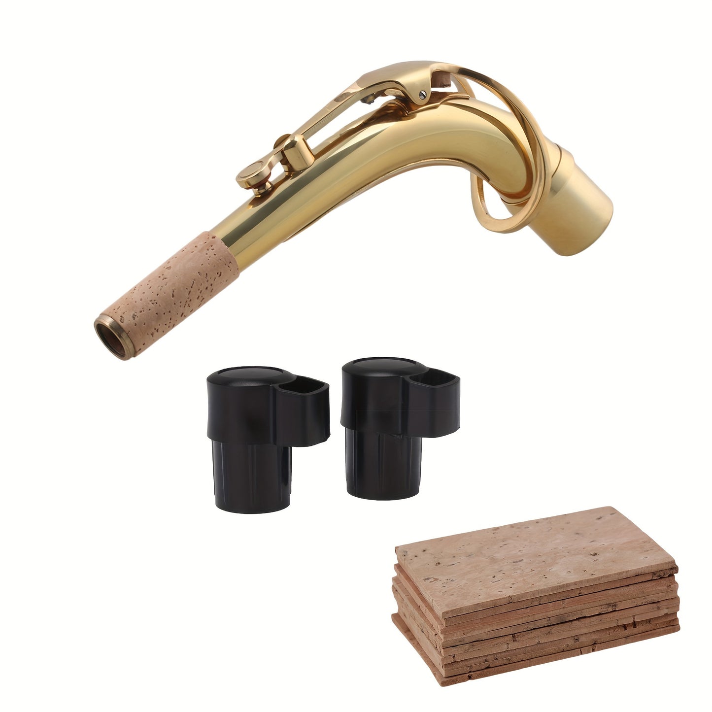 Brass Alto Saxophone With Curved Neck, Gold Color + 2pcs Alto Saxophone Mouthpiece Caps + 10pcs Saxophone Cork Pads