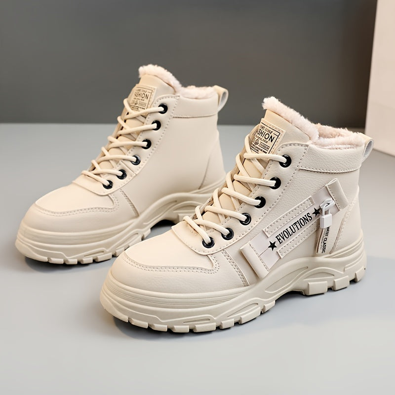 Women's Solid Color Platform Sneakers, Casual Lace Up Side Zipper Outdoor Shoes, Comfortable Plush Lined Shoes