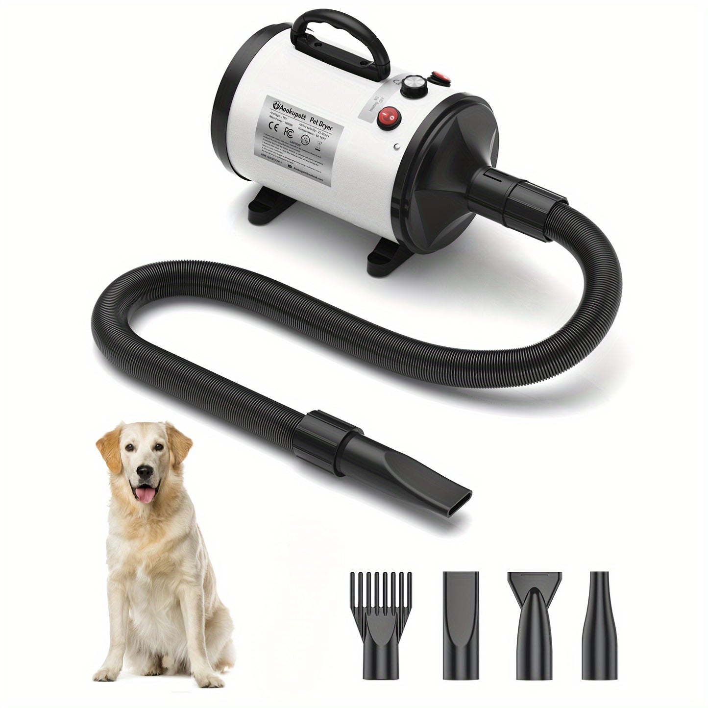 Aookupett Dog Dryer For Grooming Dog Blow Dryer, 2800w\u002F3.8HP High Velocity Dryer For Dogs, Stepless Adjustable Speed Pet Dryer, Dog Hair Dryer For Cat & Dog With Heater, 4 Nozzles, Household