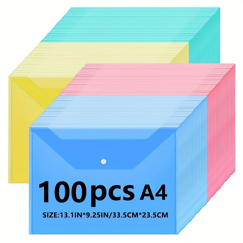 100 Pcs, Mixed Color, Thickened Material, A4 Envelope File Folder, Transparent Plastic Envelope With Button Closure, Suitable For School And Office Supplies, Multiple Colors