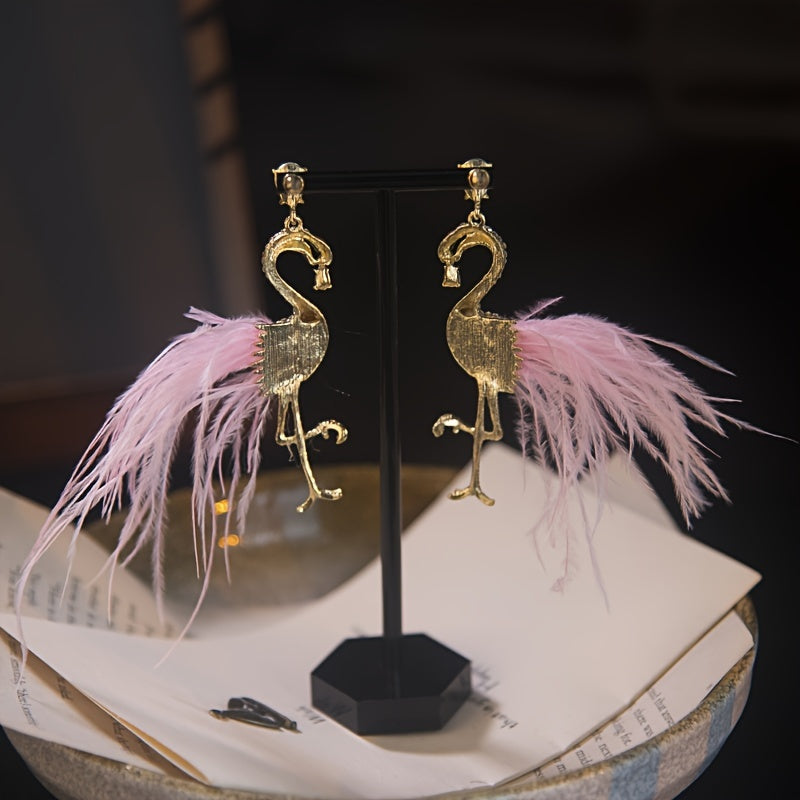 Unique Creative Flamingo Feather Design Dangle Earrings Alloy 14K Gold Plated Jewelry With Rhinestones Inlaid Personality Party Earrings