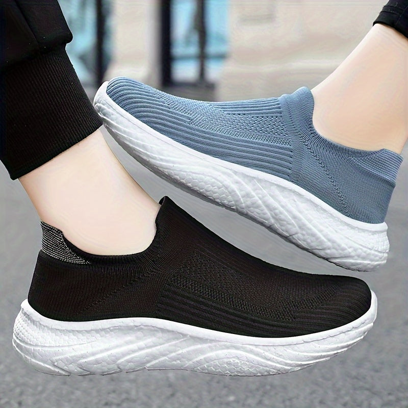 Solid Color Knitted Sneakers, Soft Sole Platform Slip On Fitness & Walking Shoes, Low-top Breathable Trainers